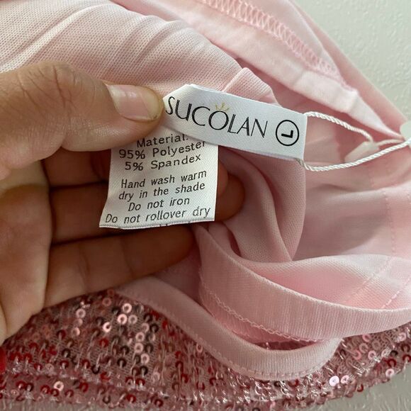 Sucolan Pink Sequin Top NWT | Sparkly Short Sleeve Party Blouse Women’s Size L/X - Picture 3 of 8